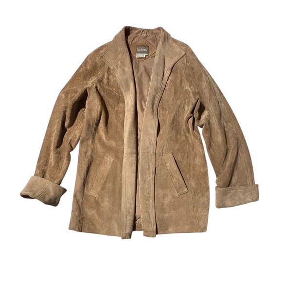 Vintage 80s BG Street Suede Leather Open Front Cardigan Jacket Taupe Women Small - Picture 9 of 11